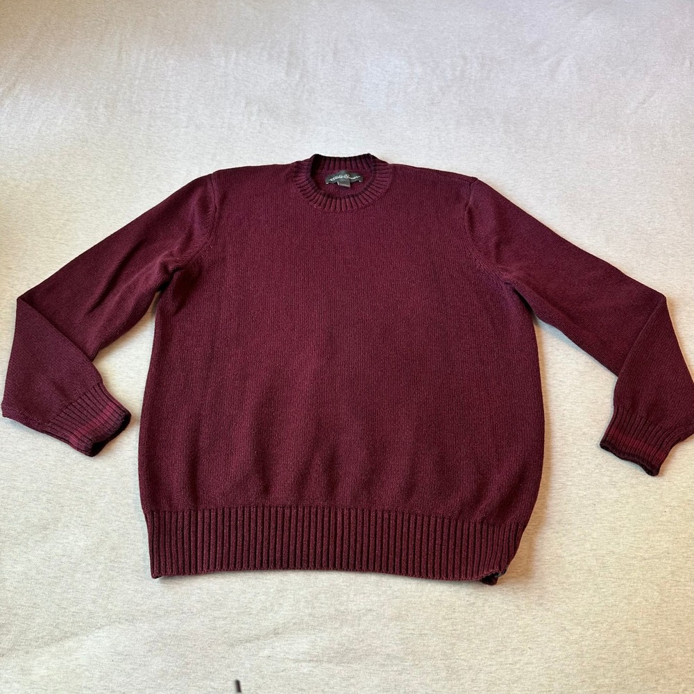 Eddie Bauer Mens‎ Large Burgundy Maroon 100% Cotton Crewneck Knit Sweater L